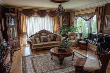 Elegant living room with luxurious furnishings and natural light in a stylish home setting