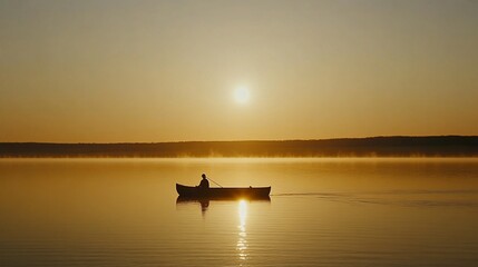 Solitary fisherman in a small boat at sunrise on a calm lake.
