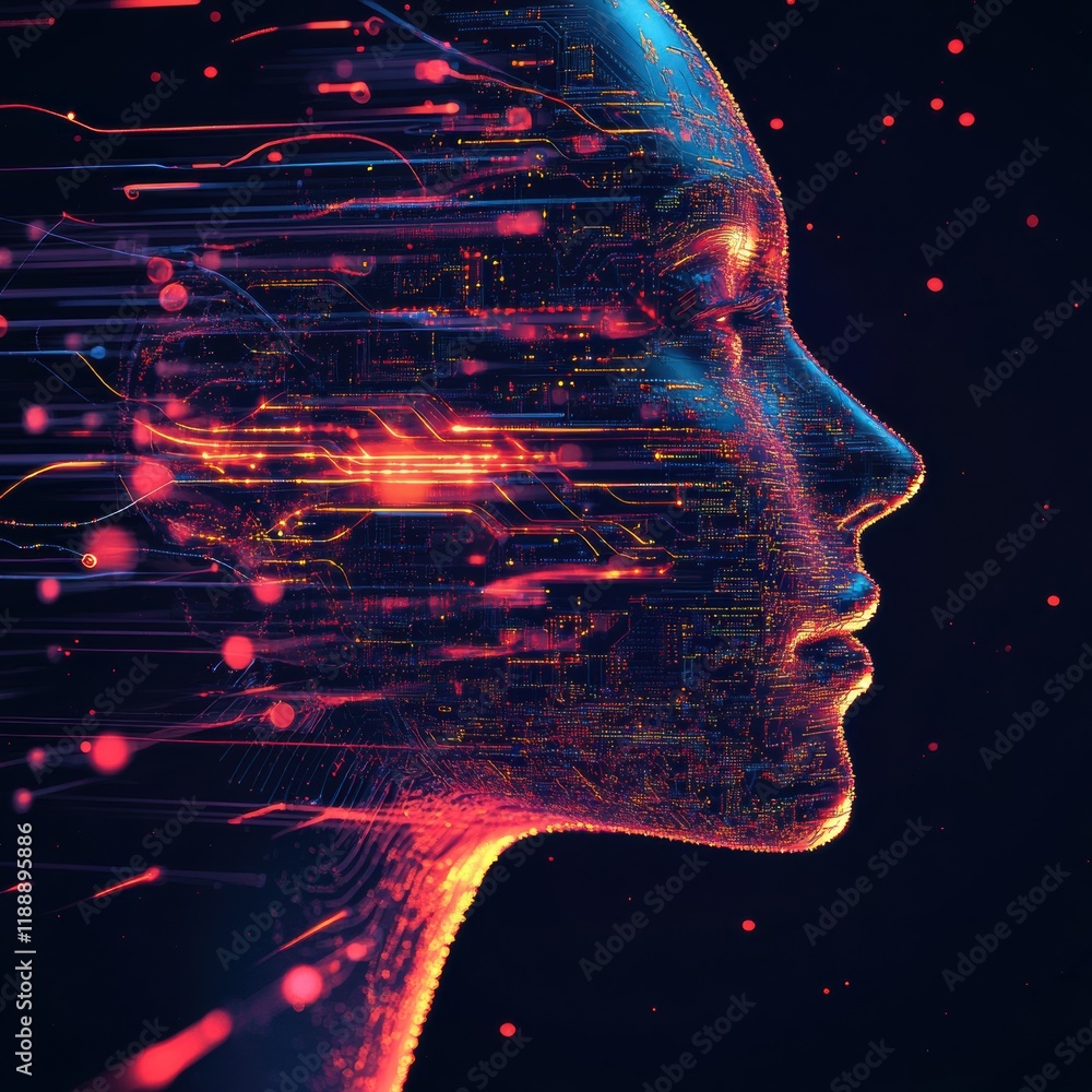 Poster exploring artificial intelligence's impact digital realm visual art futuristic side view innovation