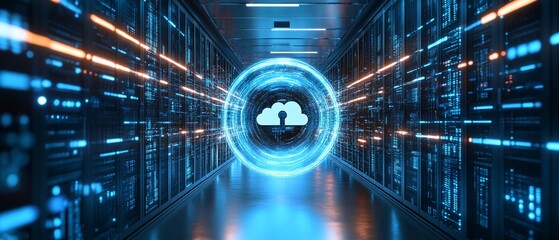 A futuristic data center with glowing blue lights and cloud symbol representing secure data storage
