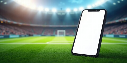 A smartphone on the soccer field, ready for fan engagement, sports apps, or live updates. Ideal for promoting digital solutions in the sports industry.