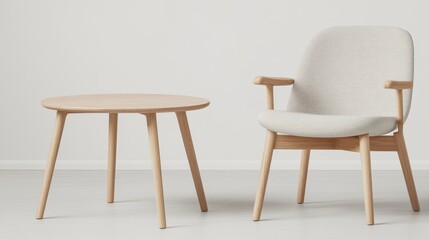 Modern Minimalist Oak Wood Armchair and Round Coffee Table Set