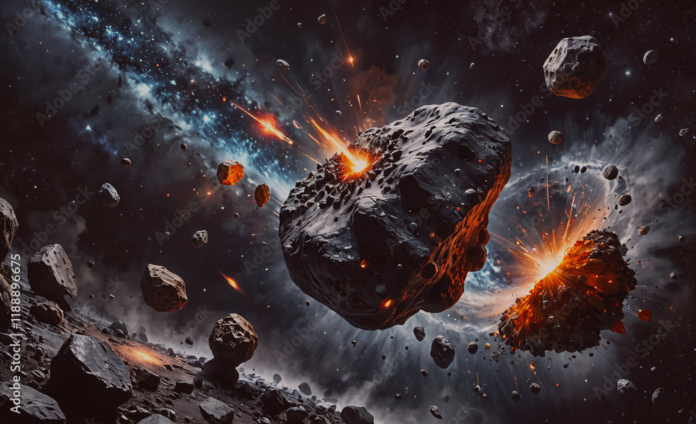 Poster Space scene with a large rock in the middle and many smaller rocks surrounding it. The rock is surrounded by a lot of debris, including smaller rocks and a few larger ones