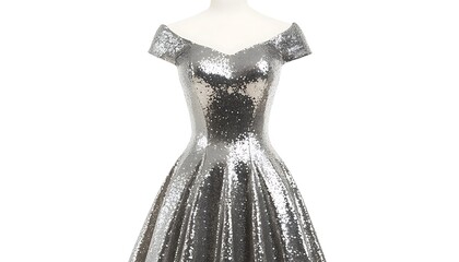 Chic silver party dress with metallic sheen, isolated on a white background, full ultra HD, high-definition