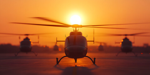 Helicopters silhouetted against a vibrant sunset. A powerful and dramatic scene.