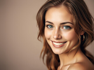 Fototapeta premium Headshot closeup portrait of a handsome and cheerful young european white skin beautiful woman. Confidence, happy face and smiling female. Portrait of a joyful person looking at the camera. Background