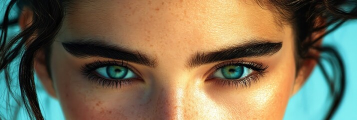 Naklejka premium Young Woman, Eyebrows, Intense Stare, Closeup, Beauty, Makeup, Healthy Skin, Studio Shot, Print