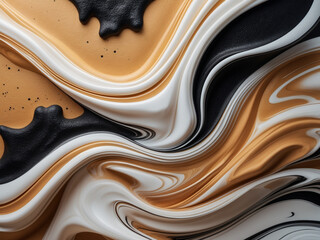 Obraz premium a close-up of swirling foam or liquid with a marbled effect. The composition should feature a warm golden-brown base with smooth, flowing swirls of black and white.