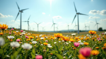 A vibrant field blooming with flowers under a clear blue sky, punctuated by a row of wind turbines standing tall against the horizon.