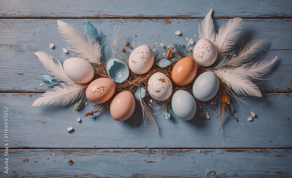 Aufkleber Blue background with a bunch of eggs and feathers. There are nine eggs in total, with some of them being brown and some being white. The eggs are arranged in a row