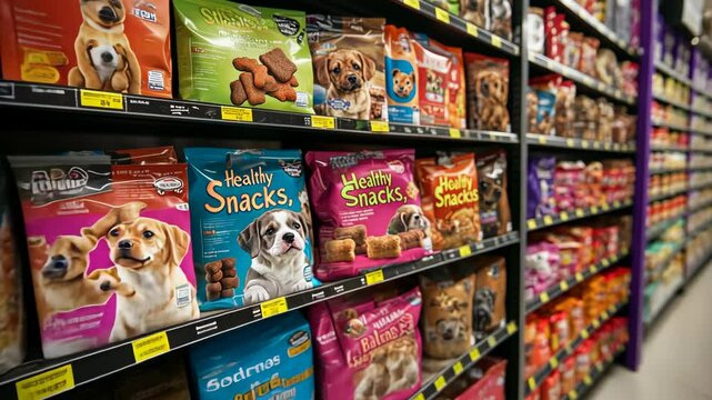 Varied selection of pet treats available in a store aisle featuring snacks for dogs