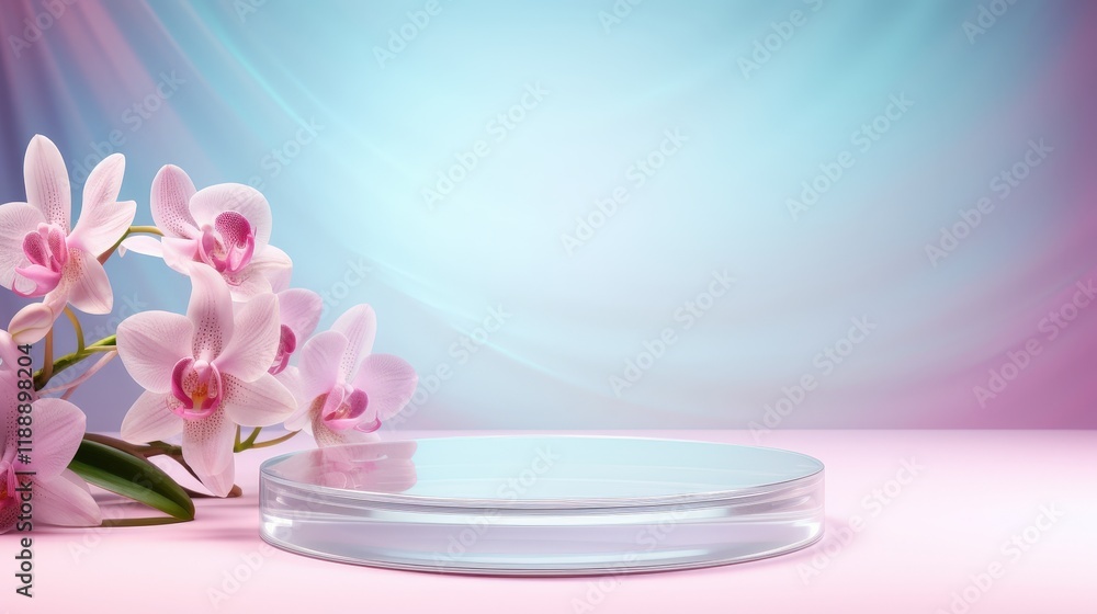 Aufkleber empty round glass podium surrounded by beautiful orchids on a soft gradient background for advertisi