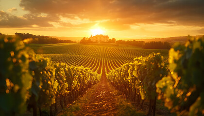 Naklejka premium Winnica Zachód Słońca Zamek Francja Winiarnia Krajobraz