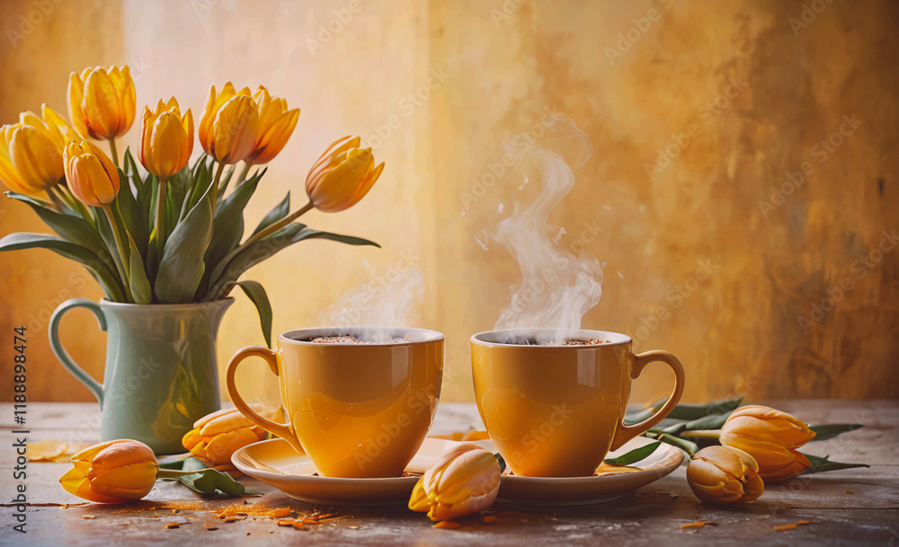 Poster two cups of coffee on a table with a vase of flowers in the background. the cups are yellow and the 