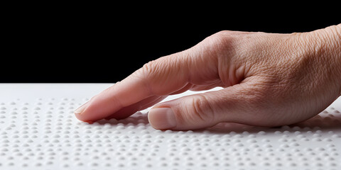 A hand gently traces raised dots on a tactile surface.  Sensory exploration and accessibility.
