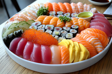 A beautifully arranged sushi platter on a wooden table, featuring fresh nigiri, colorful sushi rolls, and sashimi slices.
