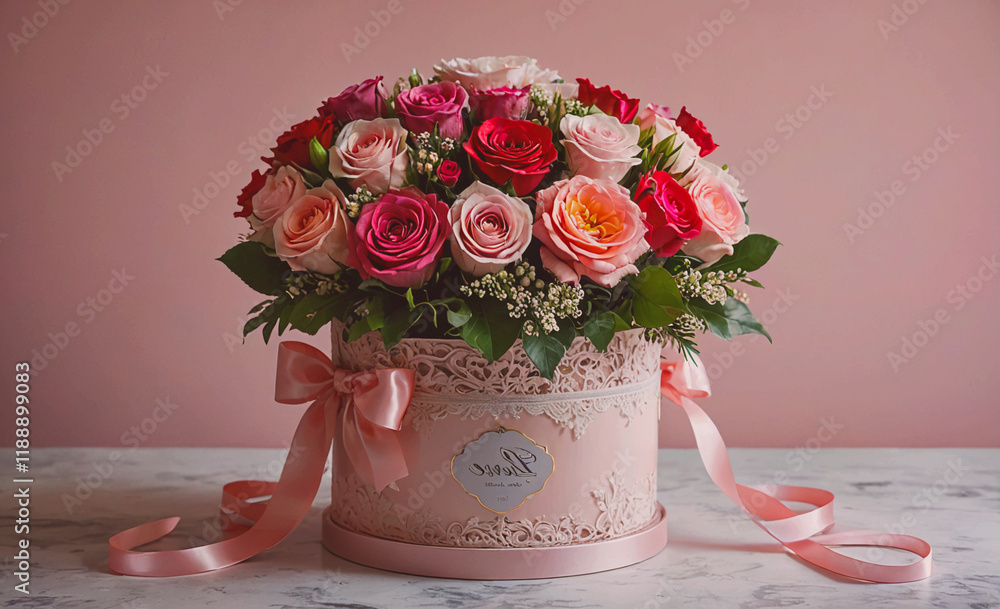 Poster bouquet of roses is in a pink box with a bow. the box is on a table