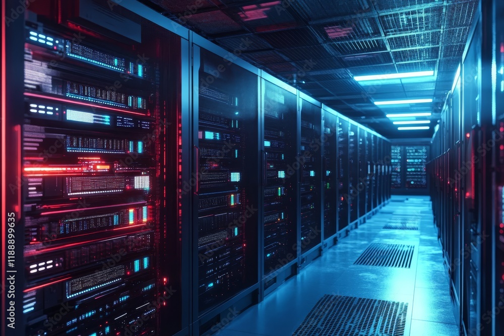 Poster a dark tech server room filled with multiple computer racks, effectively showcasing secure facilitie