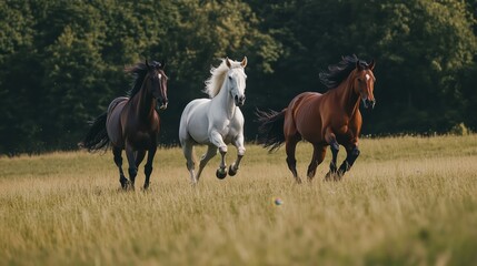 The white, brown, and black horses run in unison across an open grassy plain, embodying power and elegance in the heart of a serene landscape.
