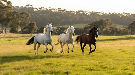 The white, brown, and black horses run in unison across an open grassy plain, embodying power and elegance in the heart of a serene landscape.