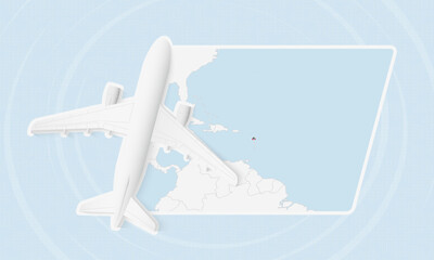 Antigua and Barbuda Travel Illustration with Plane and National Flag. Airplane Flying Over Antigua and Barbuda Map.