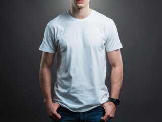 Fototapeta premium White t-shirt, male torso, casual wear, plain clothing, studio lighting, dark background, textured wall, hands in pockets, standing pose, cropped view, minimalist style, fashion photography, product s