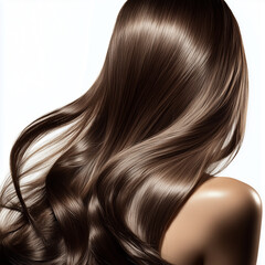 Naklejka premium Brown hair girl with long shiny hair on a white background, shampoo advertising