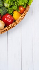 Fresh Vegetables in Wicker Basket on White Wooden Background Healthy Eating Concept