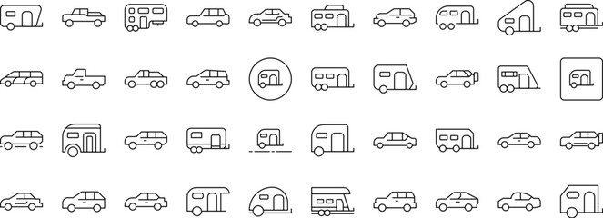 Motorhome and Car Line Icon Collection. Outline Signs for Graphic and Web Design, Apps, Adverts, Various Cards
