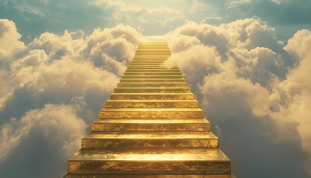 A staircase made shimmering gold bars, leading up into the clouds, symbolizing limitless achievements.