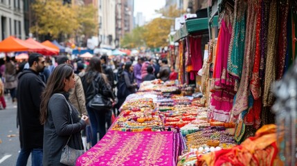 Naklejka premium Crowded street market with vibrant textiles and jewelry on display.