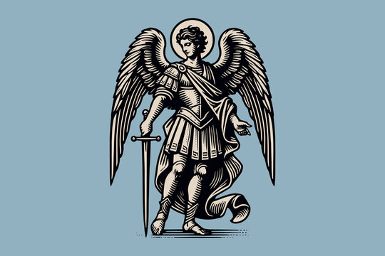 Vintage black and white engraving of Archangel Michael with a sword
