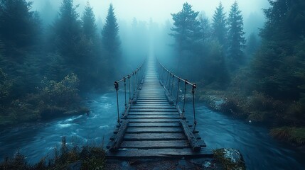 Misty forest with wooden suspension bridge over flowing river.