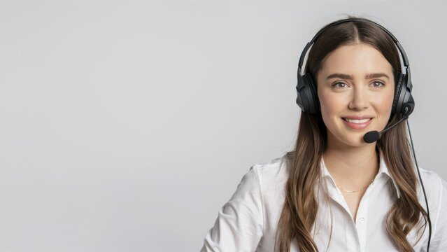 Young woman, customer service representative, headset, white blouse, long brown hair, friendly smile, professional appearance, bright eyes, office setting, clean background, corporate portrait, attent