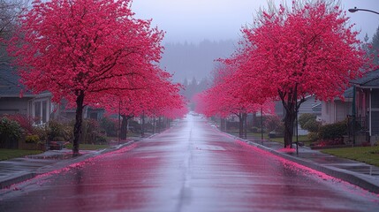 Obraz premium Pink trees line a misty suburban street, petals scattered on wet pavement.