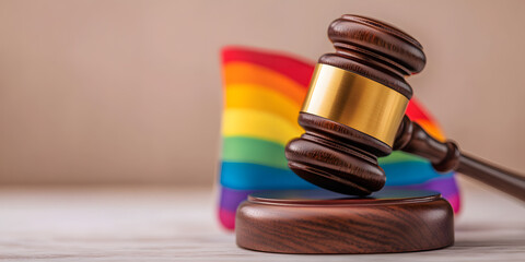 Gavel and rainbow flag: Symbol of LGBTQ+ rights and legal battles for equality.