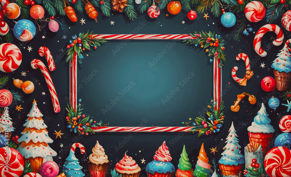 Poster frame with a christmas tree and candy canes. the frame is empty. there are many different types of c