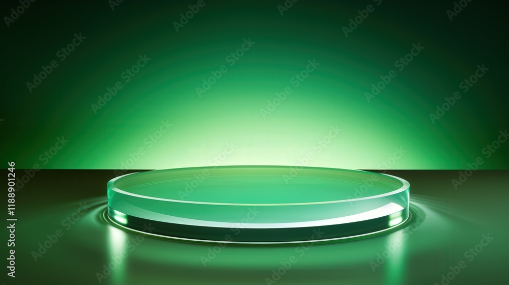 Aufkleber empty thin round glass podium with green illuminated background for advertising and display purposes