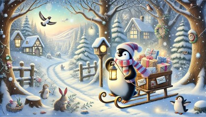A whimsical illustration of a penguin mailman delivering glowing letters and parcels on a snowy forest path, surrounded by charming animal homes and bathed in soft pastel light