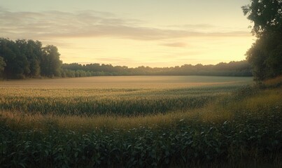 Obraz premium A wide shot of the cornfield with tall green stalks, a clear sky in the background, and a field covered by lush grasses on one side.