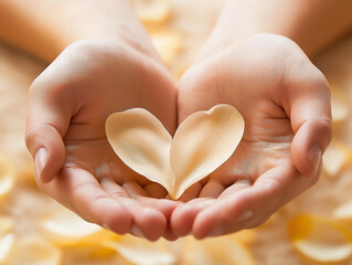 Delikatne dłonie trzymające płatki kwiat&oacute;w w kształcie serca