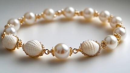 Lustrous white pearl bracelet adorned with seashell charms on golden chain presents dainty ocean-themed jewelry design, photographed with natural shadows on pristine white background.
