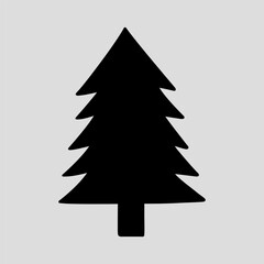 Obraz premium The silhouette of a fir tree on a light gray background. Suitable for season and holiday decorations. Black and white vector hand-drawn illustration.