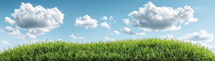 Lush Green Grass Against a Bright Blue Sky with Fluffy White Clouds in a Serene Landscape
