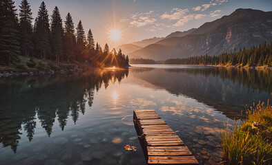 Wooden dock is on the water next to a lake. The sun is shining on the water, creating a beautiful reflection