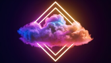 Fototapeta premium Glowing neon square frame, colorful ethereal clouds, vibrant pink and blue smoke, dark background, surreal dreamscape, abstract art, digital illustration, luminous geometric shape, cosmic atmosphere, 