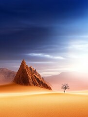 Desert Peak Solitude - A lone tree stands in a vast, orange desert before a majestic pyramidal mountain under a dramatic sky.  Symbols of resilience, isolation, hope, vastness, and mystery.