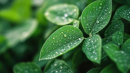 Fototapeta premium Dew drops on lush green soybean leaves.