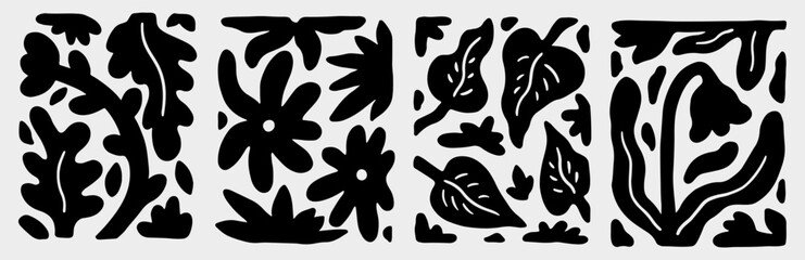 Set of black silhouette designs with an organic, abstract patterns on a light gray background. Curved and irregular shapes resembling leaves or plant-like forms. Vector hand-drawn illustration.
