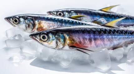 Fresh Mack Fish Displayed on Ice in a Bright Studio Setting with a Clean Above View and Crisp Photography Focused on Details and Colors